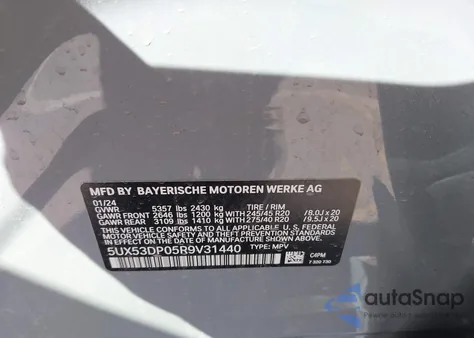 2024 BMW X3 xDrive30I z USA, uszkodzony, nr VIN 5UX53DP05R9V31440